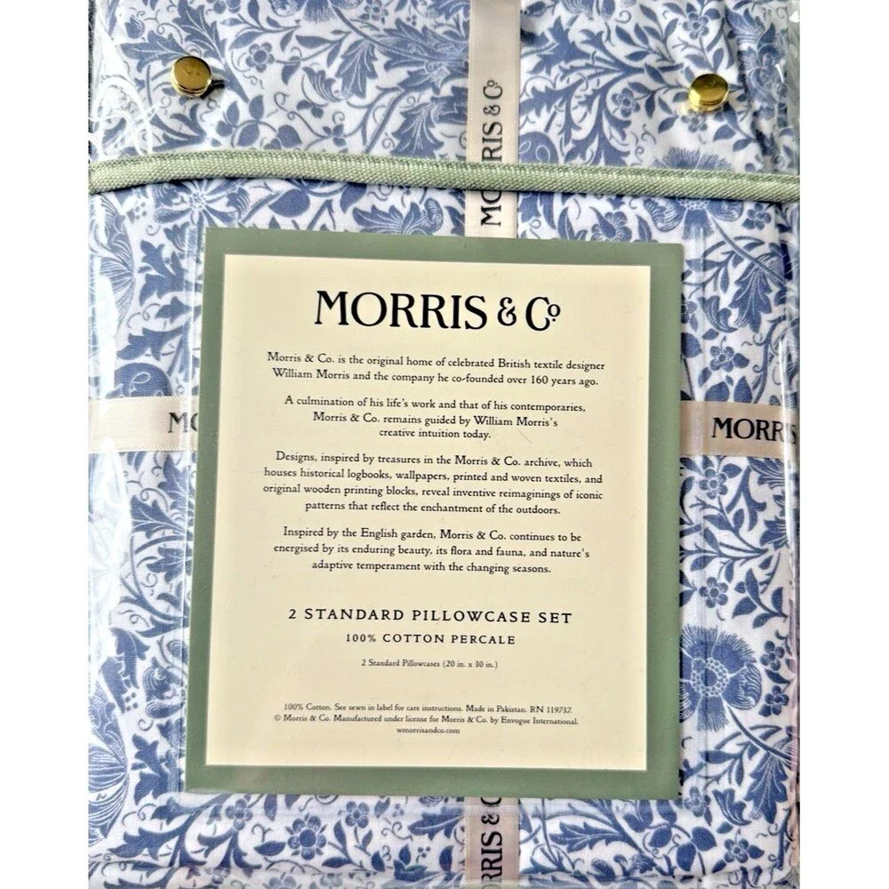 Morris & Co Luxury (2) Standard Pillowcases Blue White Marigold English Garden